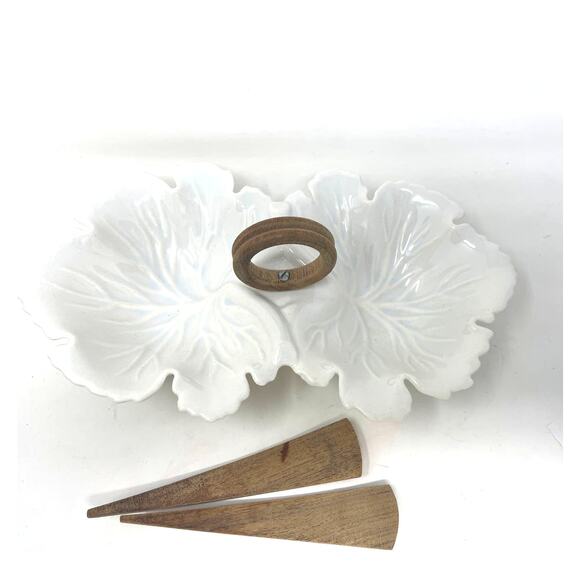 American Vintage Other - U.S.A Pottery MCM Leaf Shape Relish Serving Dish Wood Handle & Spoons Vintage